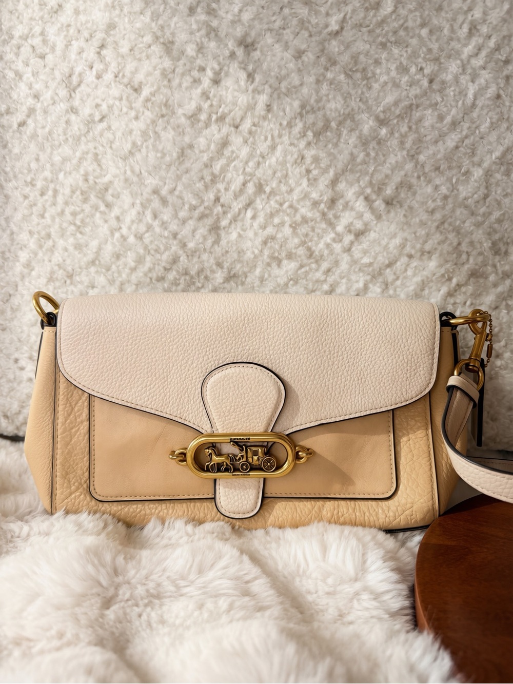 Coach Leather Two-Tone Beige Shoulder Bag with Signature Magnetic Closure